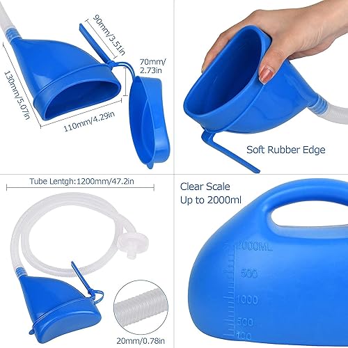 Urinals for Men, 2000ml Female Urinal, Urinals for Women, Portable Pee Bottle for Men and Women, Unisex Potty with Lid and 45.2 Tube, Male Female Urinal Bottle for Camping Car Travel Pregnancy - Blue
