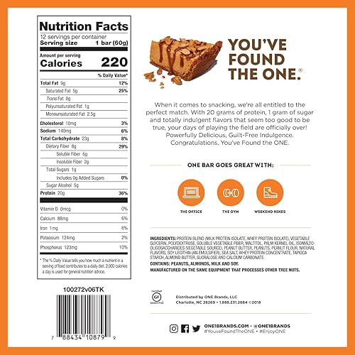 ONE Protein Bars, Peanut Butter Pie, Gluten-Free Protein Bar with 20g Protein and only 1g Sugar, Snacking for High Protein Diets, 2.12 Ounce 4 Pack