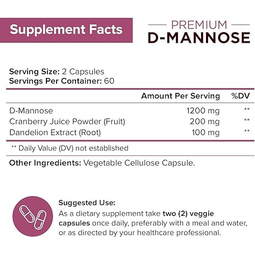 NutriFlair D-Mannose 1200mg, 120 Capsules - with Cranberry and Dandelion Extract - Natural Urinary Tract Health UTI Support - Best D Mannose Powder - Flush Impurities, Detox Body, for Women and Men