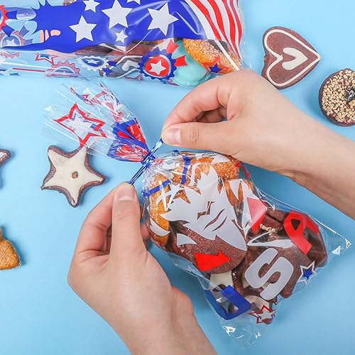 DERAYEE 4th of July Cellophane Gift Bags, 150Pcs Patriotic Cello Candy Goodie Bags Independence-Day Party Decorations with 180Pcs Twist Tie