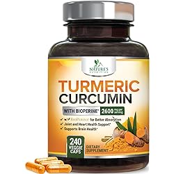 Turmeric Curcumin with Bioperine 95% Curcuminoids 2600mg with Black Pepper for Best Absorption, Made in USA, Best Vegan Joint Support, Turmeric Supplement Pills by Natures Nutrition - 240 Capsules