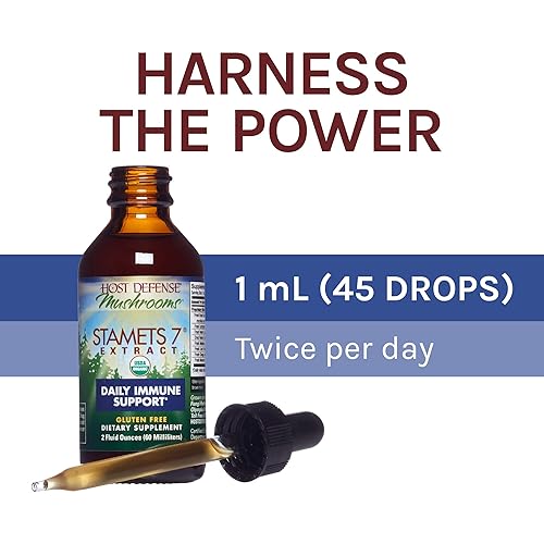 Host Defense, Stamets 7 Extract, Daily Immune Support, Mushroom Supplement with Lion’s Mane and Reishi, Plain, 2 fl oz