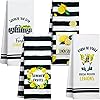 4 Pieces Lemon Kitchen Dish Towels Set Watercolor Stripes Summer Gnomes Hand Towels Squeeze The Day Fresh Lemonade Drying Cloth for Cleaning Cooking Baking Housewarming Gifts, 18 x 26 Inch