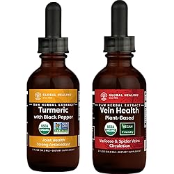 Global Healing Plant-Based Vein Health & Turmeric Kit - Liquid Drops for Healthy Blood Flow & Vein Circulation and Organic, Vegan Supplement for Digestive Enzymes & Joint Support - 2 Fl Oz Each