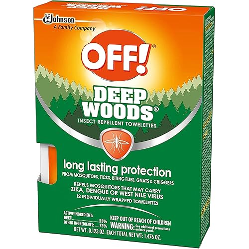 OFF! Deep Woods Mosquito and Insect Repellent Wipes, Long lasting, 12 Individually Wrapped Wipes