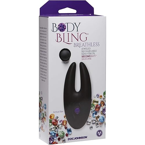 Doc Johnson Body Bling - Breathless - Jeweled 8 Function Rechargeable Mini-Vibrator in Soft and Flexible SecondSkyn Silicone - Panty Vibe - Bunny Ears, Purple