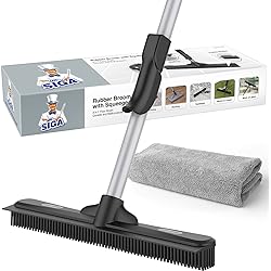 MR.SIGA Pet Hair Removal Rubber Broom with Built in Squeegee, 2 in 1 Floor Brush for Carpet, 62 inch Adjustable Handle, Includes One Microfiber Cloth for Floor Dusting