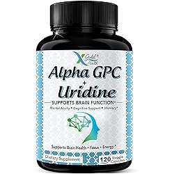 Alpha GPC Choline 600mg Uridine Monophosphate 300mg-2-in-1 Nootropic Supplement Helps Boost Focus, Energy & Cognitive Performance -Potent Mood Enhancer & Brain Focus Supplements -120 Veggie Capsules