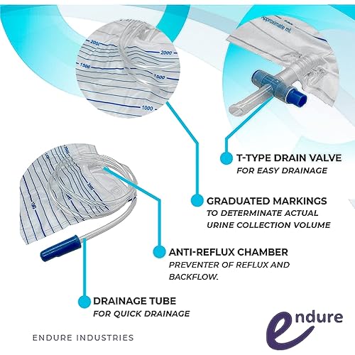 Endure Adult Sterile Urine Bag, 2000 ml, Unisex Emergency Medical Drainage Bag with Anti-Reflux Valve, Pack of 5