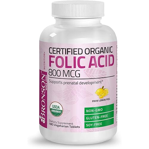 Bronson Organic Folic Acid Vitamin B9 Folate 800 mcg Natural Folate from Lemon Peel, 180 Tablets
