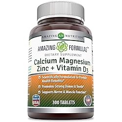 Amazing Formulas Calcium Magnesium Zinc D3 - 300 Tablets Per Bottle Calcium 1000mg - Magnesium 400mg - Zinc 25mg Plus Vitamin D3 600 IU - Per Serving of 3 Tablets