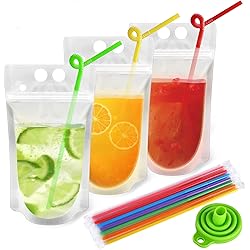 Reusable Drink Pouches with Individually Wrapped Straws for Adults Clear Drink Bags with Disposable Plastic Straws Smoothie Bags Juice Bags Reclosable Double Zipper Handheld Drink Pouches 50Pouches