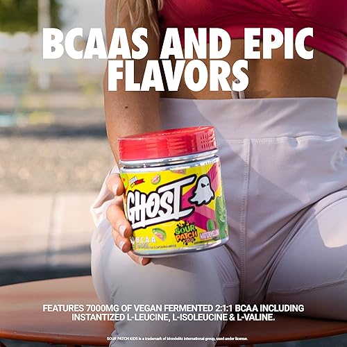 GHOST BCAA Amino Acids, Sour Patch Kids Blue Raspberry - 30 Servings - Sugar-Free Intra & Post Workout Powder & Recovery Drink, 7g BCAA – Supports Muscle Growth & Endurance - Soy & Gluten-Free, Vegan