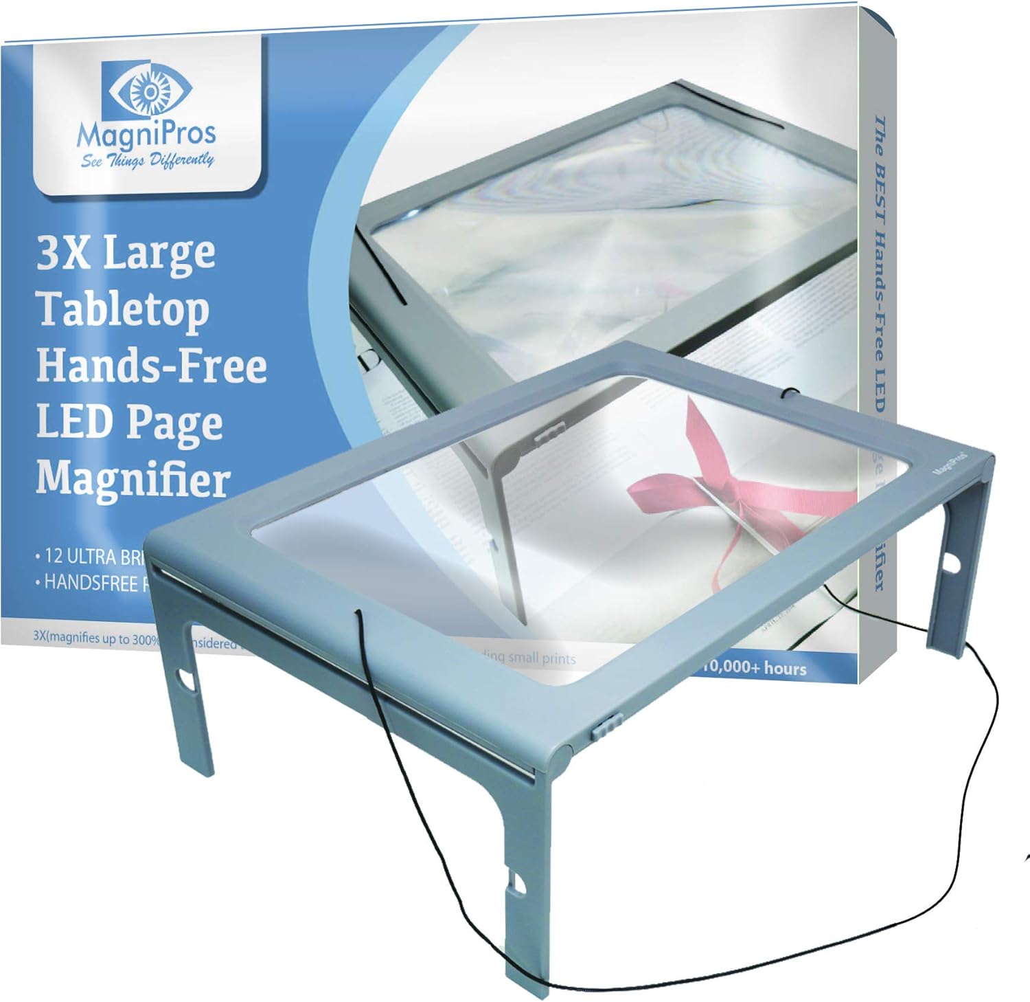 3X Large Full Page Magnifier with 12 LED Lights[Provide Evenly Lit Viewing Area], Foldable Flip-Out Legs, Dual Power Supply Modes- Ideal for Hands Free Reading, Low Vision, Seniors with Aging Eyes
