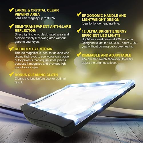 Rechargeable] 3X Large Ultra Bright LED Page Magnifier with 12 Anti-Glare Dimmable LEDs More Evenly Lit Viewing Area & Relieve Eye Strain-Ideal for Reading Small Prints & Low Vision
