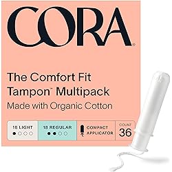 Cora Organic Applicator Tampons | LightRegular Absorbency | 100% Cotton Core, Unscented, BPA-Free Compact Applicator | Leak Protection, Easy Insertion, Non-Toxic | Packaging May Vary 36 Count