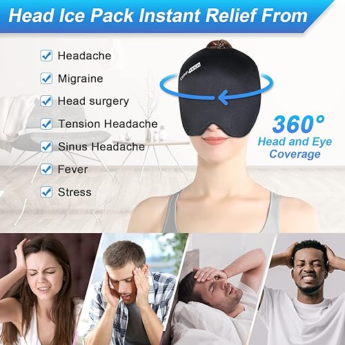 ComfiTECH Migraine Ice Head Wrap, Headache Relief Hat for Migraine Cap for Tension Puffy Eyes Migraine Relief Cap for Sinus Headache and Stress Relief Cold Compress Medium Black