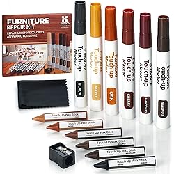 Katzco Furniture Repair Kit Wood Markers - Set of 13 - Markers and Wax Sticks with Sharpener - for Stains, Scratches, Floors, Tables, Desks, Carpenters, Bedposts, Touch-Ups, Cover-Ups, Molding Repair
