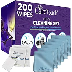 Care Touch Lens Cleaning Wipes with Microfiber Cloths - 200 Lens Cleaning Wipes and 6 Microfiber Cloths - Excellent for Glasses and Camera Lenses