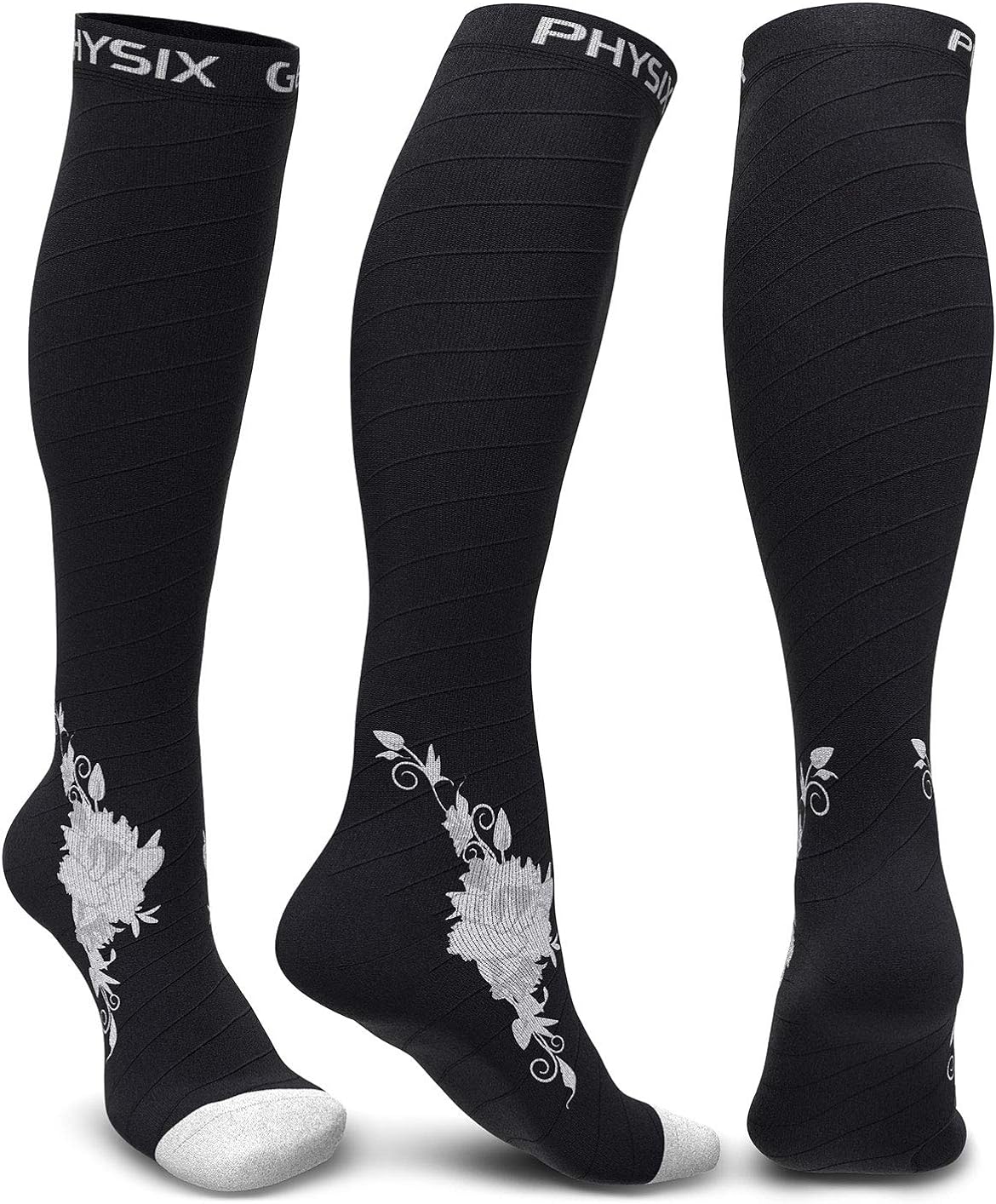 Physix Gear Compression Socks for Men & Women 20-30 mmhg, Best Graduated Athletic Fit for Running Nurses Shin Splints Flight Travel & Maternity Pregnancy - Boost Stamina Circulation - Grey Flower L-XL