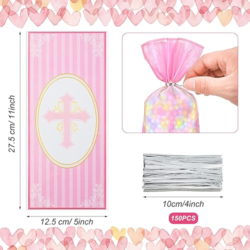 100 Pcs Baptism Cellophane Bags Christian Gift Treat Bag Religious Goodie Candy Bags with 150 Ties First Communion Party Supplies Christening Confirmation Baby Shower Party Serves for Boy and Girl