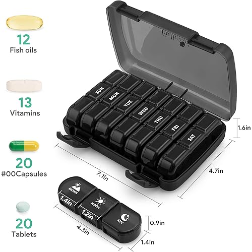 Pill Organizer 3 Times a Day, Fullicon Large Weekly Pill Case 7 Day, Daily Pill Box with 21 Compartments, Pill Dispenser Supplement Holder for PillsVitaminFish Oil - Black