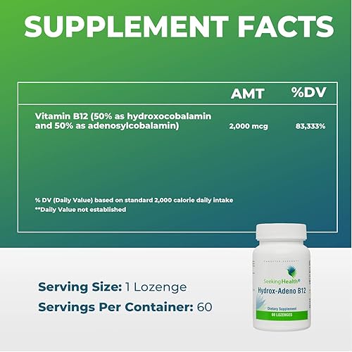 Seeking Health Hydrox-Adeno B12, 60 Lozenges, Get More Energy, Vitamin B12, Womens and Mens’ Vitamins, B12 Supplement, Brain Vitamins, Brain Health Supplement