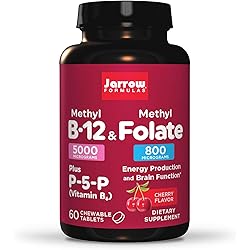 Jarrow Formulas Methyl B-12 & Methyl Folate - 60 Chewable Tablets, Cherry - Bioactive Vitamin B12 & B9 - Supports Energy Production, Brain Function & Metabolism - Gluten Free - 60 Servings