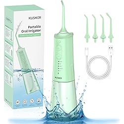 Cordless Water Dental Flosser for Teeth - KUSKER Portable Oral Irrigator with 5 New Mode, 4 Replaceable Jet Tips - Rechargeable IPX7 Waterproof Oral Irrigator for Home&TravelGreen