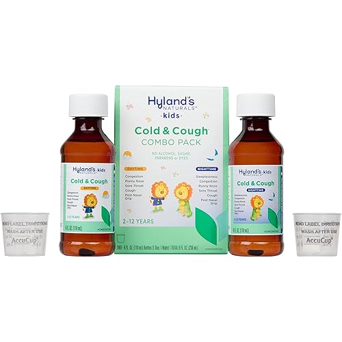 Kids Cold Medicine for Ages 2, Hylands Naturals Kids Cold & Cough, Day and Night Combo Pack, Syrup Cough Medicine for Kids, Nasal Decongestant, Allergy Relief, 4 Fl Oz Each
