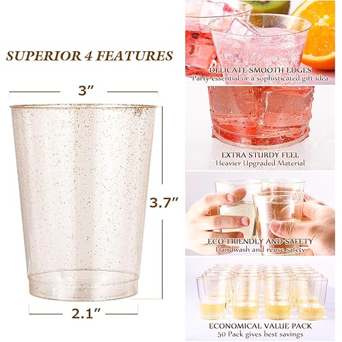 50pcs 10 OZ Gold Plastic Cups, Disposable Gold Glitter Plastic Cups, Clear Plastic Cups Tumblers, Wedding,Thanksgiving, Christmas Party Cups