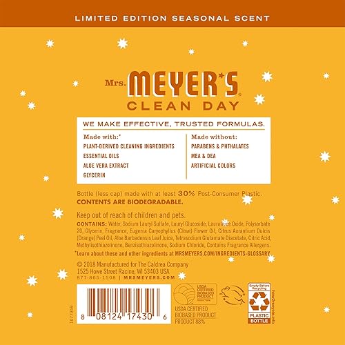 Mrs. Meyer’s Clean Day Orange Clove Scent Kitchen Basics Set, 1 Orange Clove Dish Soap, 1 Orange Clove Liquid Hand Soap & 1 Orange Clove Multi Surface Cleaner 3 CT, Pack of 1
