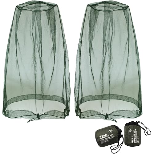 Benvo Mosquito Head Net Mesh, Face Neck Fly Netting Hood from Bugs Gnats Noseeums Screen Net for Any Outdoor Lover- with Carry Bags Fits Most Sizes of Hats Caps 2pcs, Olive, Updated Big Net