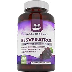 Adora Organics Resveratrol 1600mg, Trans-Resveratrol Antioxidant Supplement with Green Tea, Grape Seed Extract and Quercetin, Helps to Support Digestive Health and Immune System, 180 Capsules