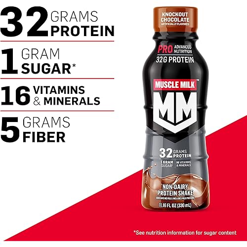 Muscle Milk Pro Advanced Nutrition Protein Shake, Knockout Chocolate, 11.16 Fl Oz Bottle, 12 Pack, 32g Protein, 1g Sugar, 16 Vitamins & Minerals, 5g Fiber, Workout Recovery, Energizing Snack, Packaging May Vary