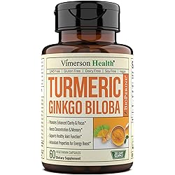 Turmeric Curcumin & Ginkgo Biloba with BioPerine - Herbal Supplement That Supports Focus, Memory, Brain Function, Mental Alertness, Concentration & Healthy Joint Support. 60 Vegan Capsules for Adults