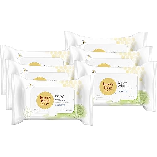 Burt's Bees Baby Wipes, Unscented Towelettes for Sensitive Skin, Hypoallergenic & Non-Irritating, All Natural with Soothing Aloe & Vitamin E, Fragrance Free, 6 Flip-Top Packs 432 Wipes Total