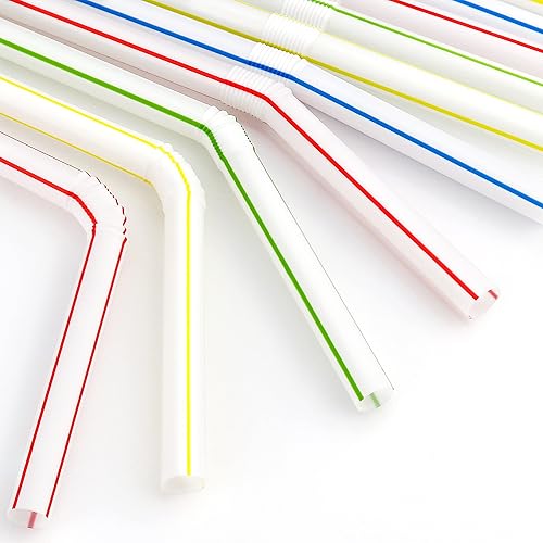 200 Bendable Straws, Flexible Straws, Striped Fun Colorful Drinking Straw, Disposable