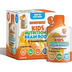 Kids Nutritional Brain Supplement- Boost Child Memory, Focus, Calmness- Support Brain, Immune, Vision, Heart Health- Omega Fish Oil DHA, Vitamin C, Turmeric, Resveratrol- Liquid Squeeze Pouch 1 Box