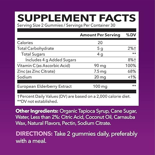 Elderberry Gummies with Zinc and Vitamin C Herbal Supplements Ingredient for Potent Antioxidant Support Immune Defense as a Delicious & Vegan Friendly Option Adult, 60 Count