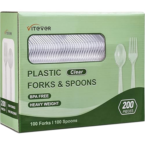 200 Count] Heavy Duty Plastic Forks and Spoons Set - Disposable Spoons and Forks Silverware, 100 Plastic Forks and 100 Plastic Spoons for Party - Clear
