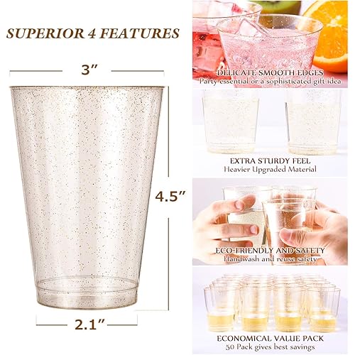 50pcs 14OZ Gold Plastic Cups, Disposable Gold Glitter Plastic Cups, Clear Plastic Cups Tumblers, Wedding Cups Party Cups,Ideal for Hall oween , Thanksgiving ,Christmas