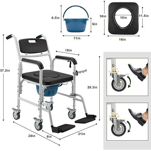Homguava Bedside Commode Wheelchair, 4 in 1 Shower Commode Chair Rolling Transport Chair Toilet with Arms for Seniors and Disabled Weight Capacity 350lbs, Black