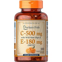 Puritans Pride Vitmain C 500 mg & E 180 mg with Rose Hips for Immune & Antioxidant Support by Puritan's Pe for Healthy Skin and Immune System Support, 100 Softgels