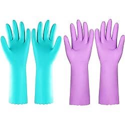 Reusable Dishwashing Cleaning Gloves with Latex free, Cotton lining ,Kitchen Gloves 2 Pairs PurpleBlue, Medium