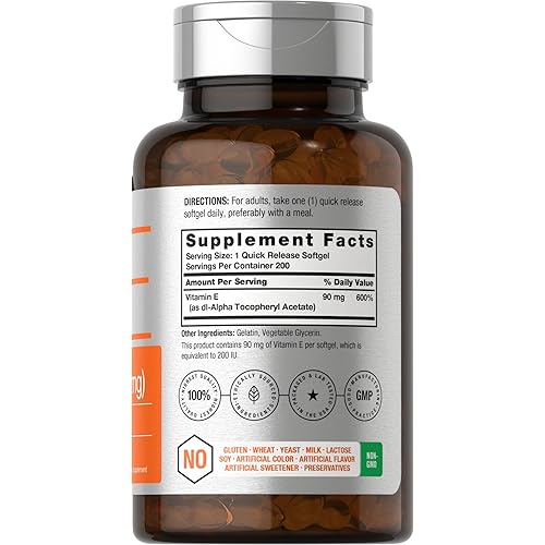 Vitamin E Supplement | 200 IU 90 mg | 200 Softgel Capsules | Non-GMO and Gluten Free Formula | by Horbaach