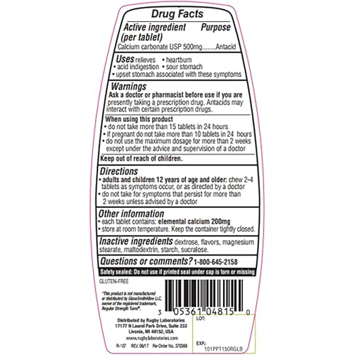 Rugby Calcium Carbonate 500mg Antacid Tablets Peppermint - 150 Chewable Tablets