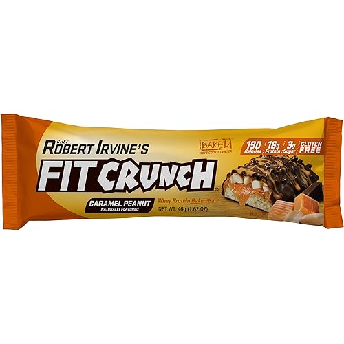FITCRUNCH Snack Size Protein Bars, Designed by Robert Irvine, World’s Only 6-Layer Baked Bar, Just 3g of Sugar & Soft Cake Core 18 Count, Caramel Peanut