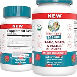 MaryRuth's Hair Skin and Nail Vitamins | USDA Organic | Biotin Gummies with Vitamin C & Vitamin E | Hair Growth Vitamins | Skin Care | Nail Growth | Hair Skin and Nails Gummies for Ages 14 | 60 Count