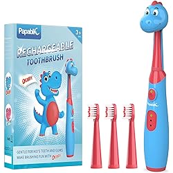 Papablic Debby Rechargeable Kids Electric Toothbrush for Ages 3, with Cute Dino Cover, Timer and Brushing Chart, 4 Brush Heads